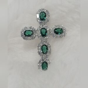 Elegant Silver and Green Gemstone Cross Pendant